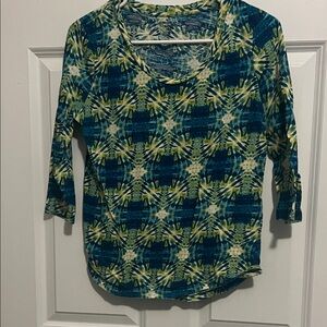 New Directions Weekend Blue and Yellow Patterned Long Sleeve Top Small